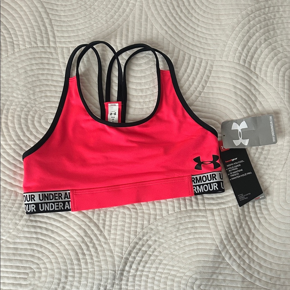 NWT Girls Under Armour Coral Sports Bra with Black Trim